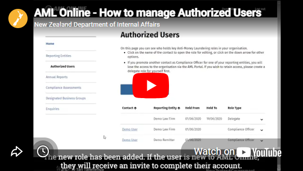 How to manage authorised users on AML Online (click on image to open YouTube) How to manage authorised users on AML Online
