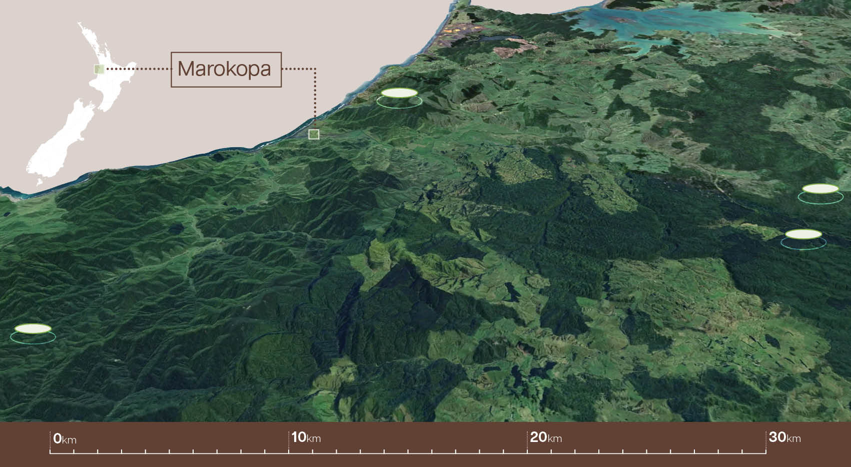 Map showing location of Marokopa on the west coat of the central north island of New Zealand and estimated campsites of distances around 30 km apart.